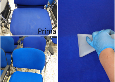 Comparazione della superficie di una sedia da ufficio blu prima e dopo i servizi di pulizia e sanificazione